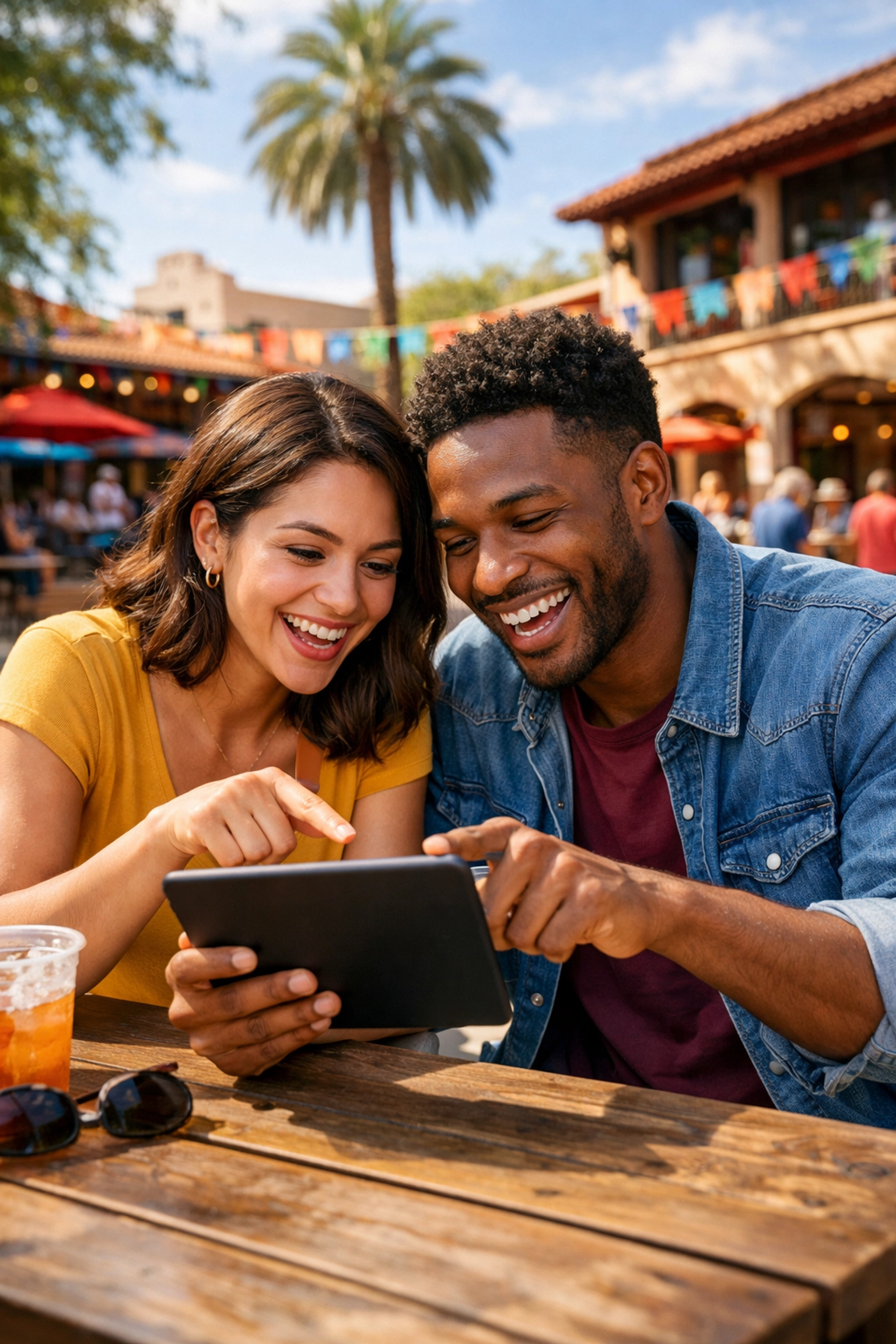 A young couple in a San Antonio plaza comparing Texas mortgage rates on a tablet together.