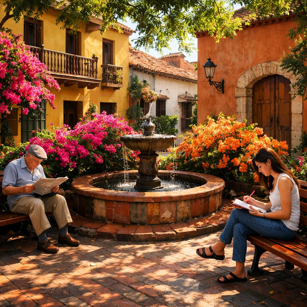 Peaceful Old Town plaza with local residents in Puerto Vallarta neighborhood