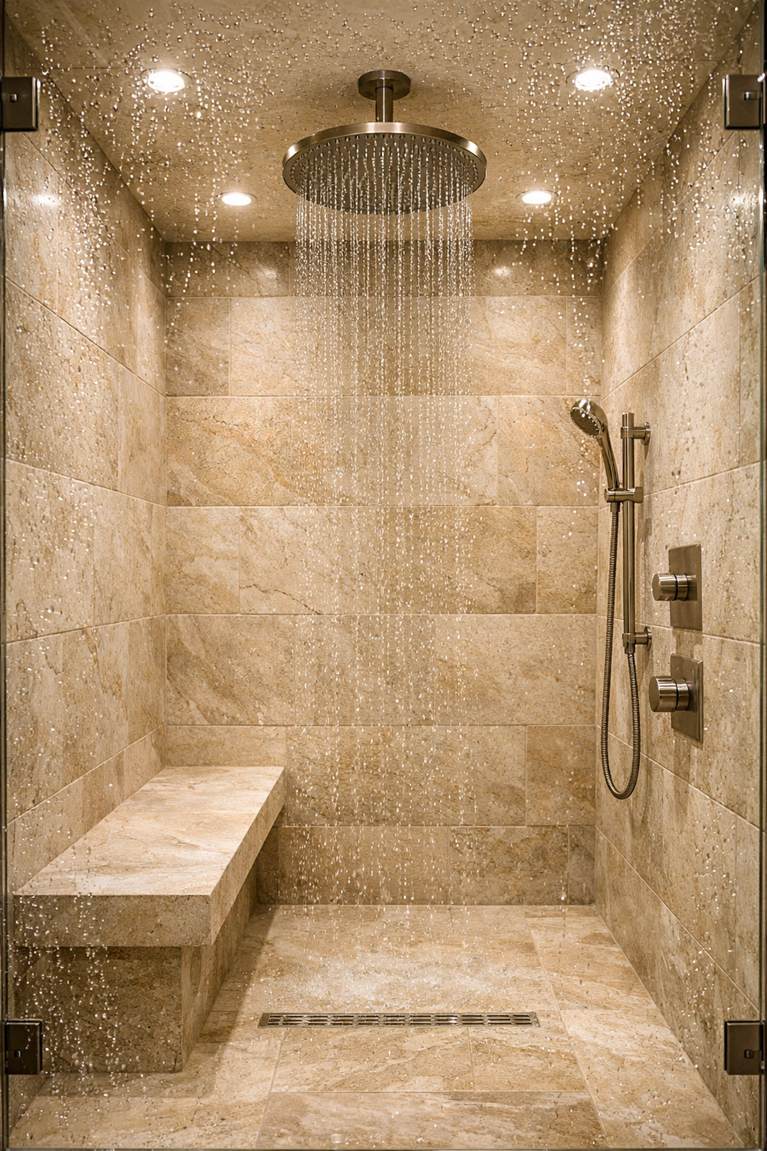 High-end walk-in shower design with stone tiles installed by an Orlando remodeling expert.