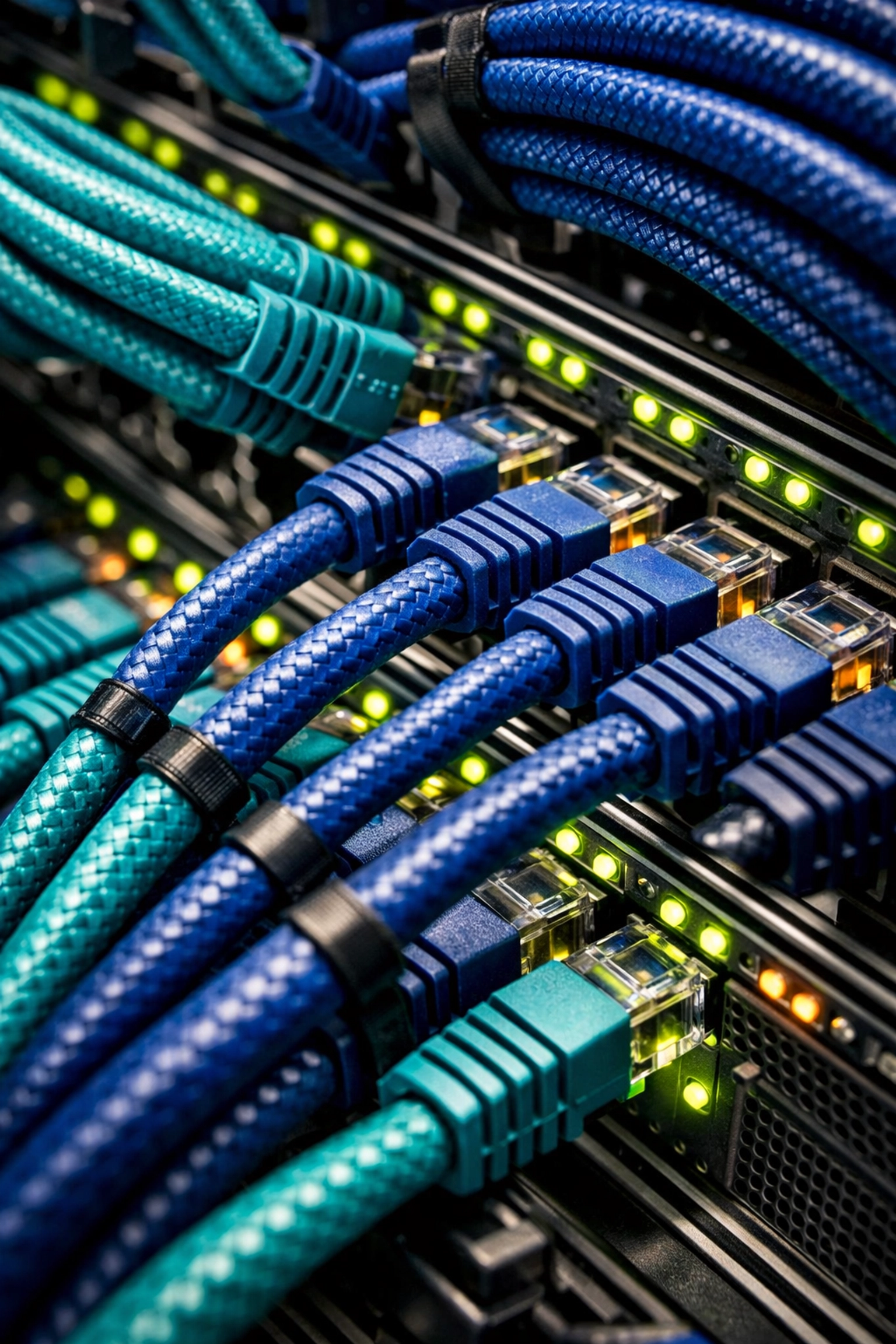 Professional structured cabling services featuring organized network cables in an office server rack.