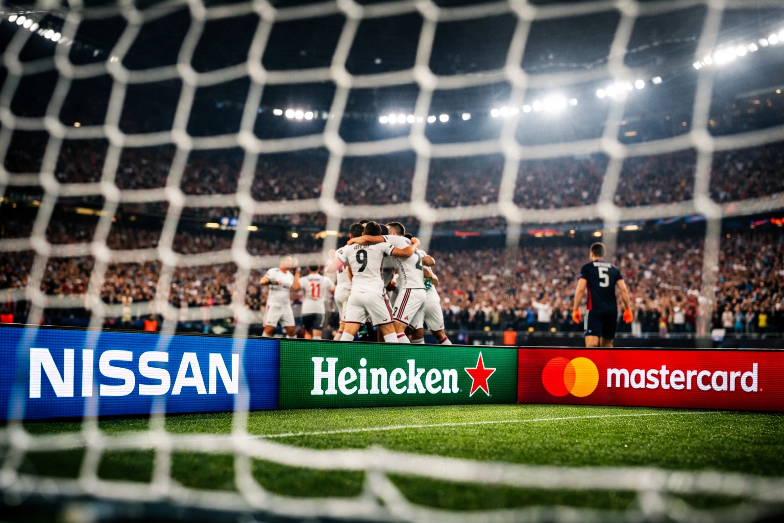 Stadium perimeter LED boards displaying brand advertisements during soccer goal celebration moment