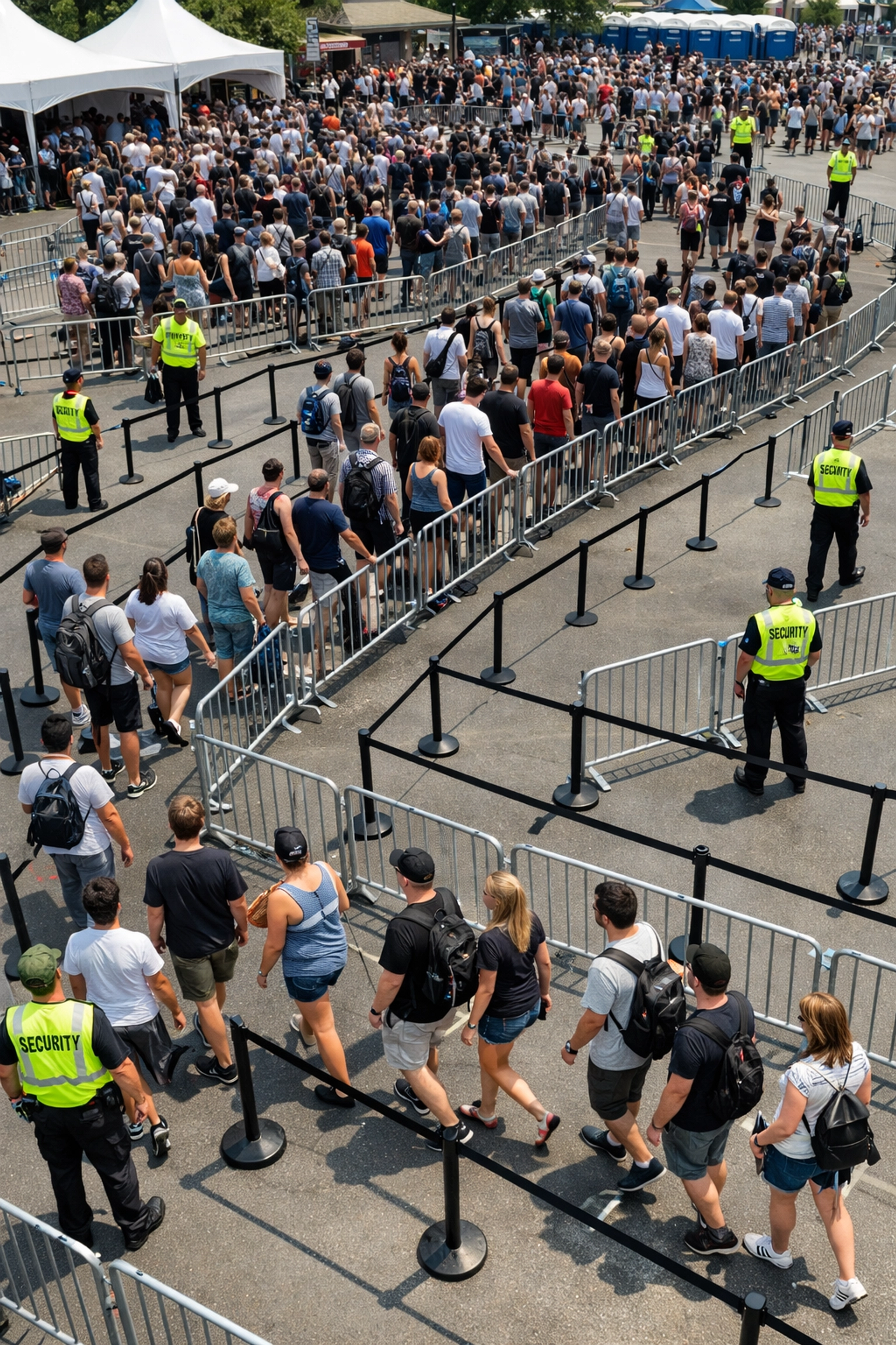 Organized crowd management with barriers and security personnel at outdoor event