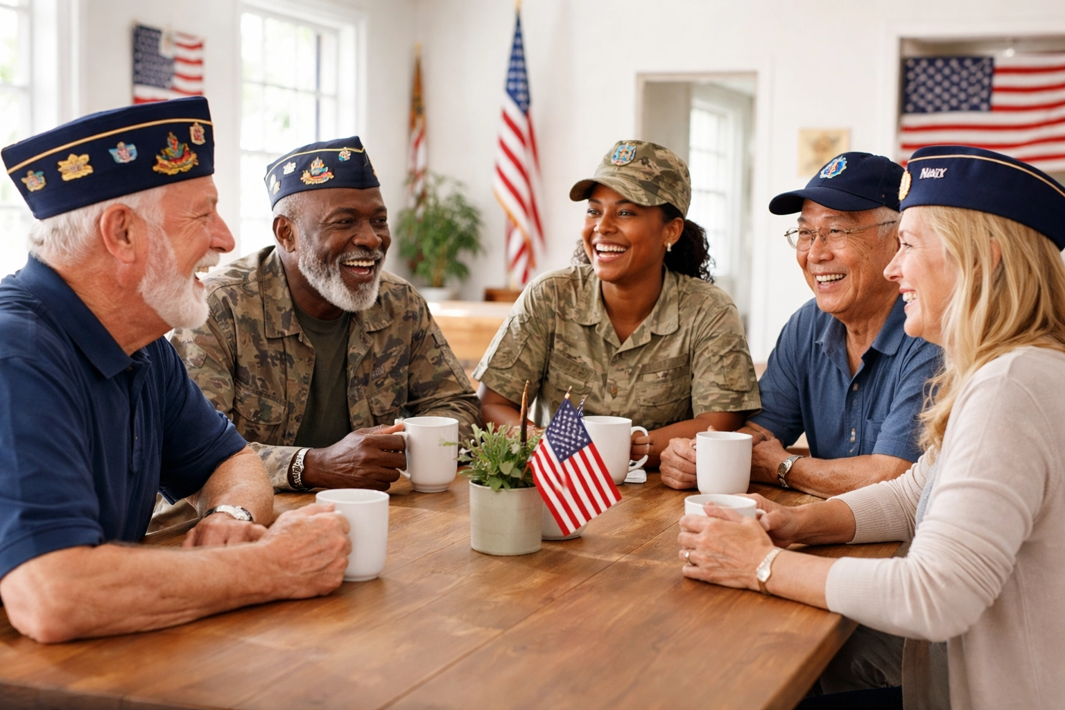Group of veterans of all ages connecting around a table at a modern American Legion post, highlighting community and growth.