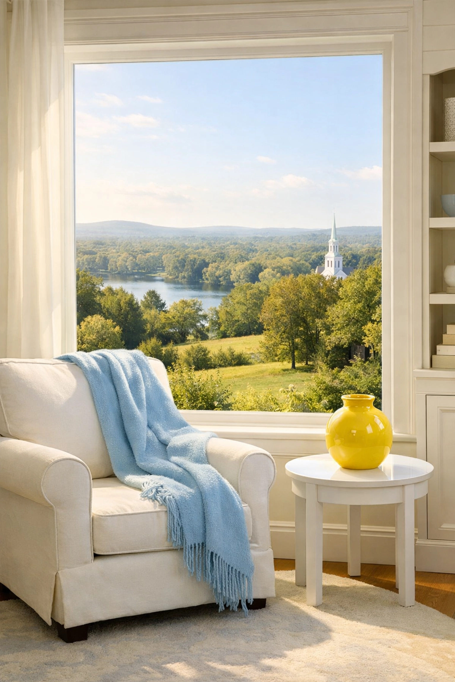 Tidy luxury bedroom sitting area in a Groton home illustrating the mental benefits of expert cleaning.