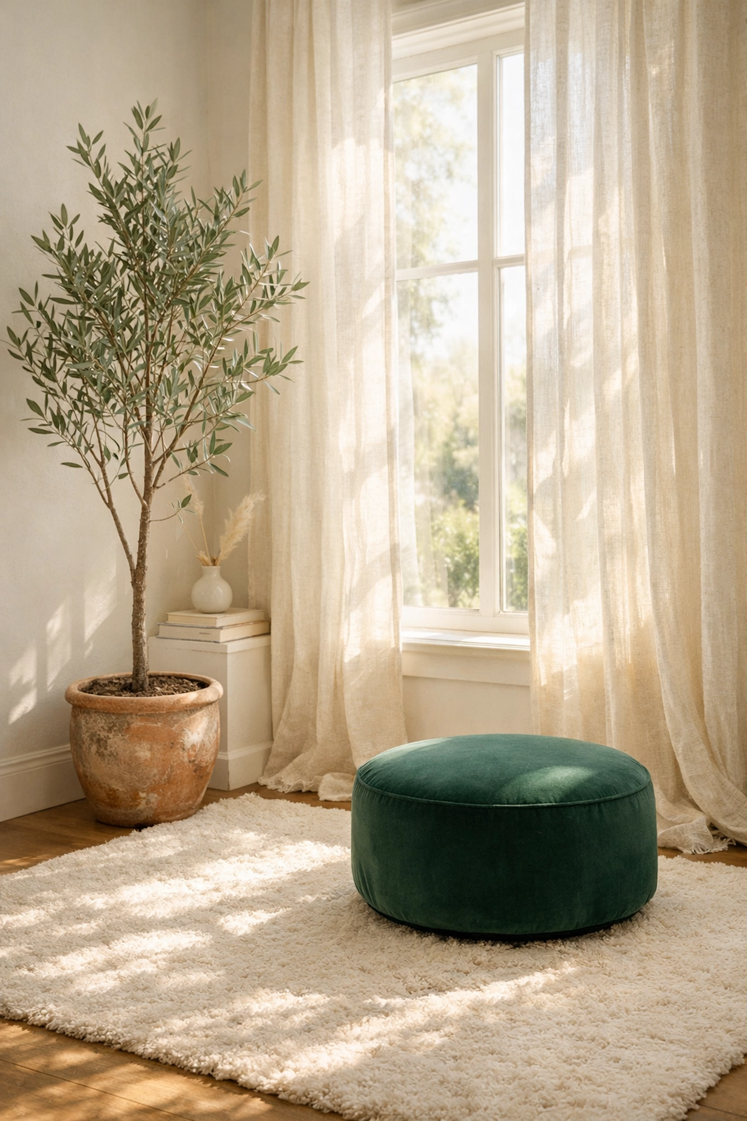 Bright sunlit corner with a green velvet ottoman and olive tree for modern interior design.