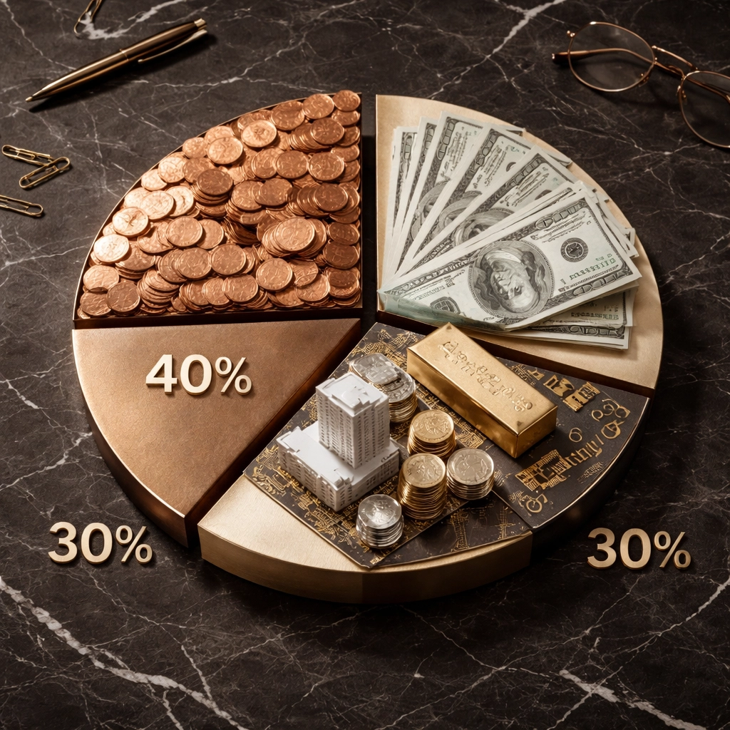 Pie chart with coins, cash, and assets showing diversified 40/30/30 investment portfolio allocation.