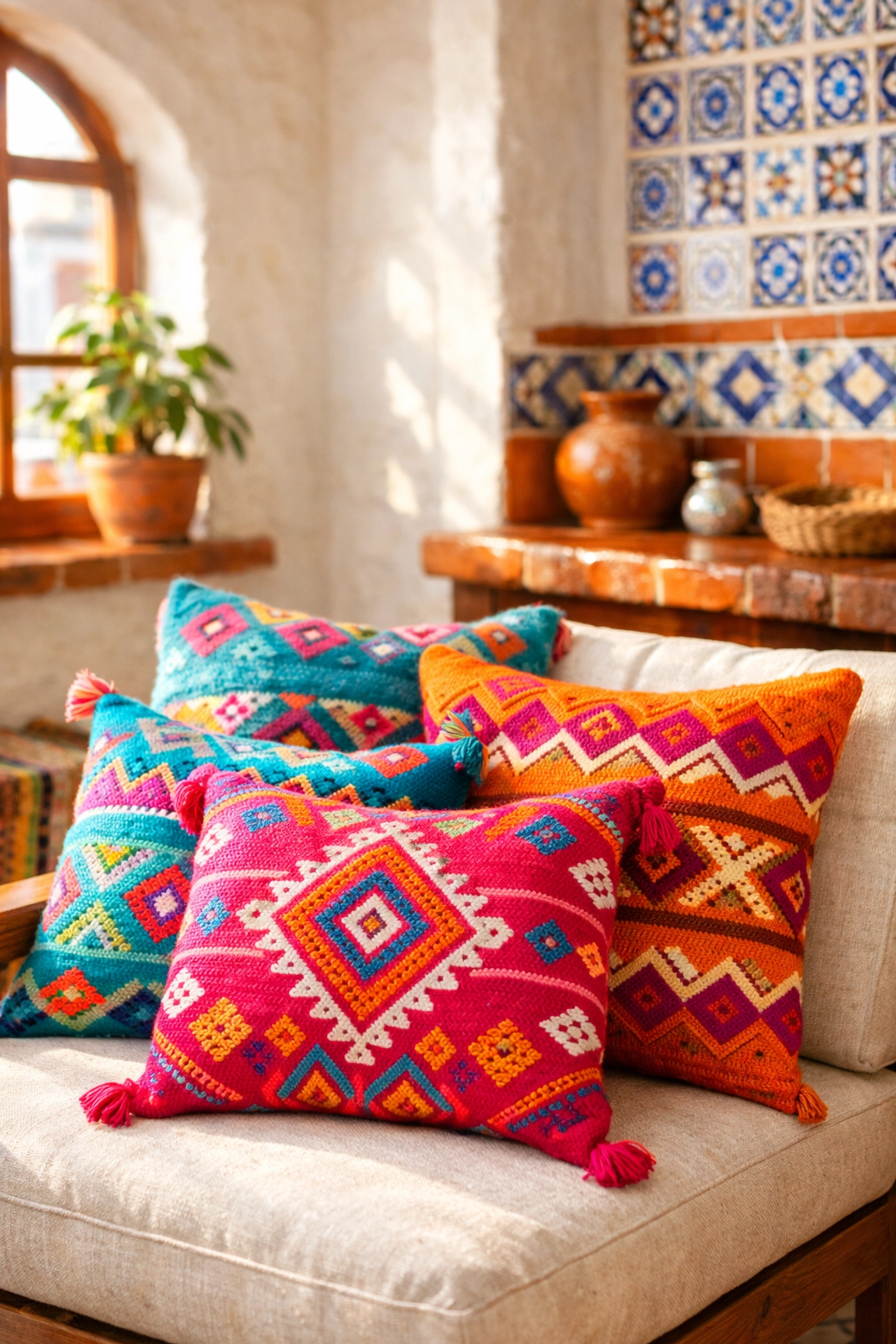 Colorful hand-woven pillows and traditional artisan tiles inside a bright Puerto Vallarta apartment.