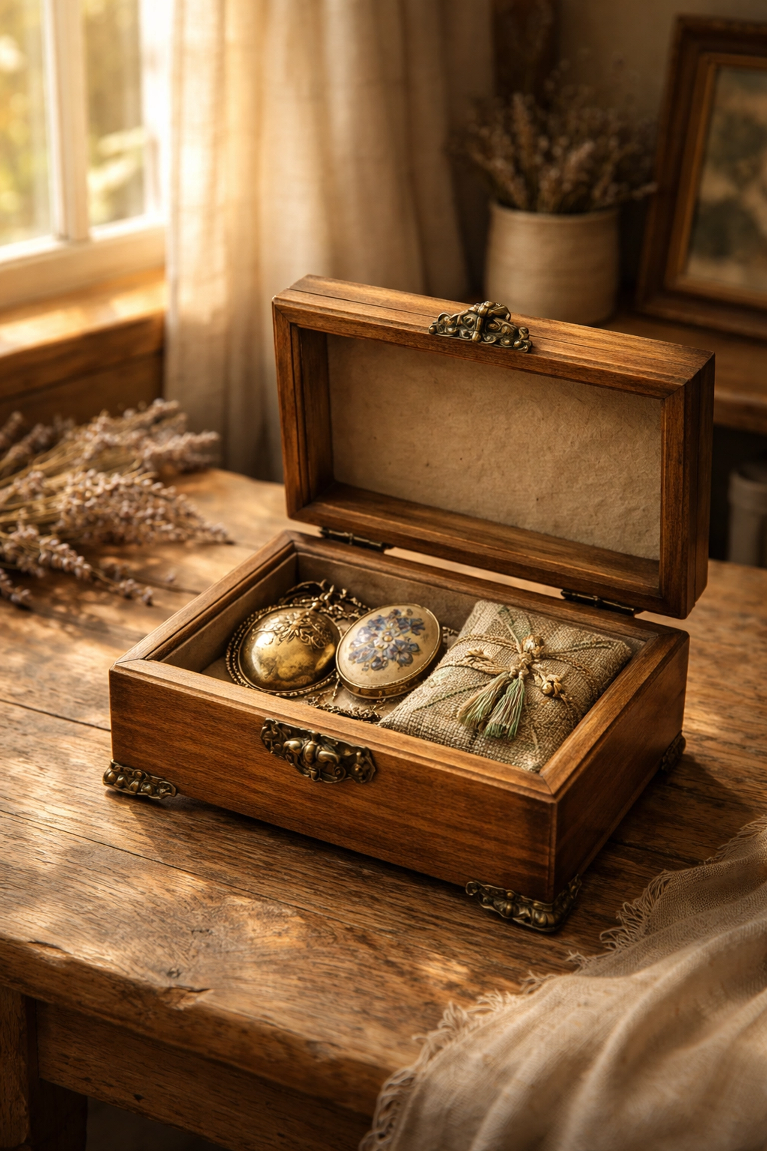 A rustic jewelry box displaying vintage handcrafted treasures on a wooden table, symbolizing future heirloom value.