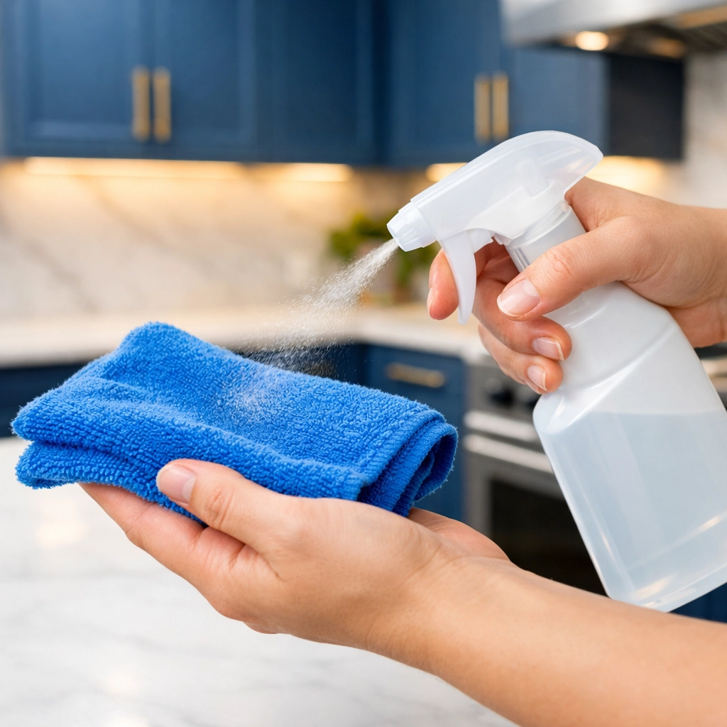 Proper technique for deep cleaning Marlborough: spraying cleaner on a microfiber cloth instead of a kitchen counter.