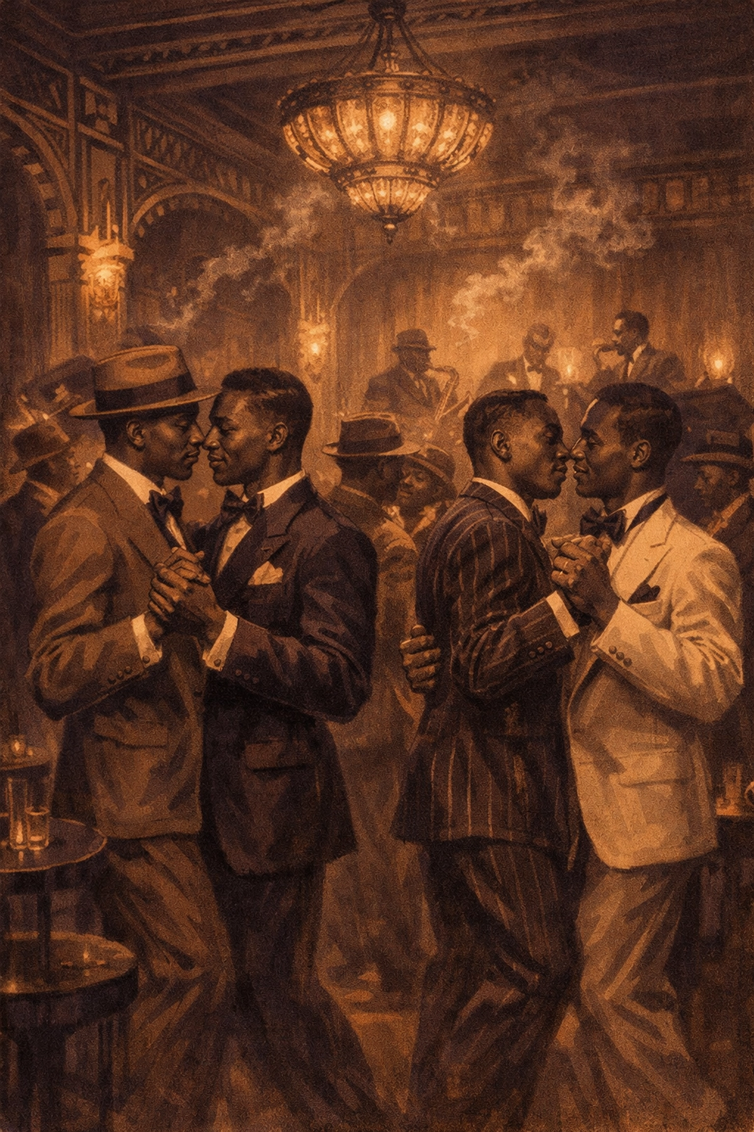 Black gay men dancing at Harlem Renaissance jazz club in the 1920s