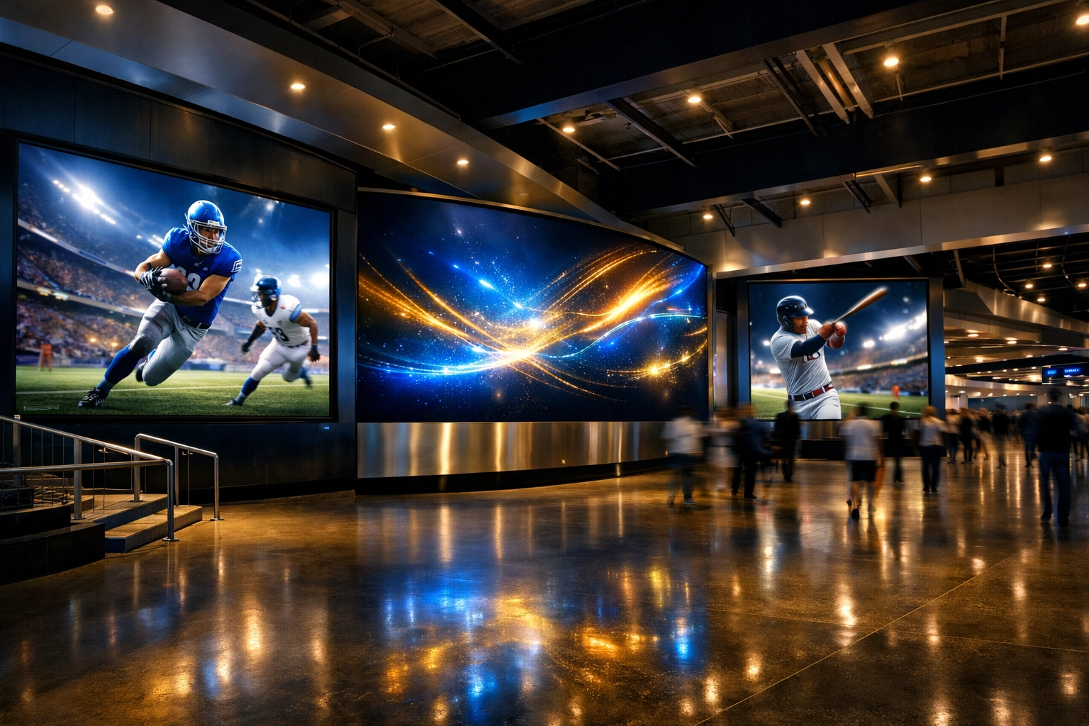 High-tech stadium concourse with large digital displays for real-time sponsor content and fan engagement.