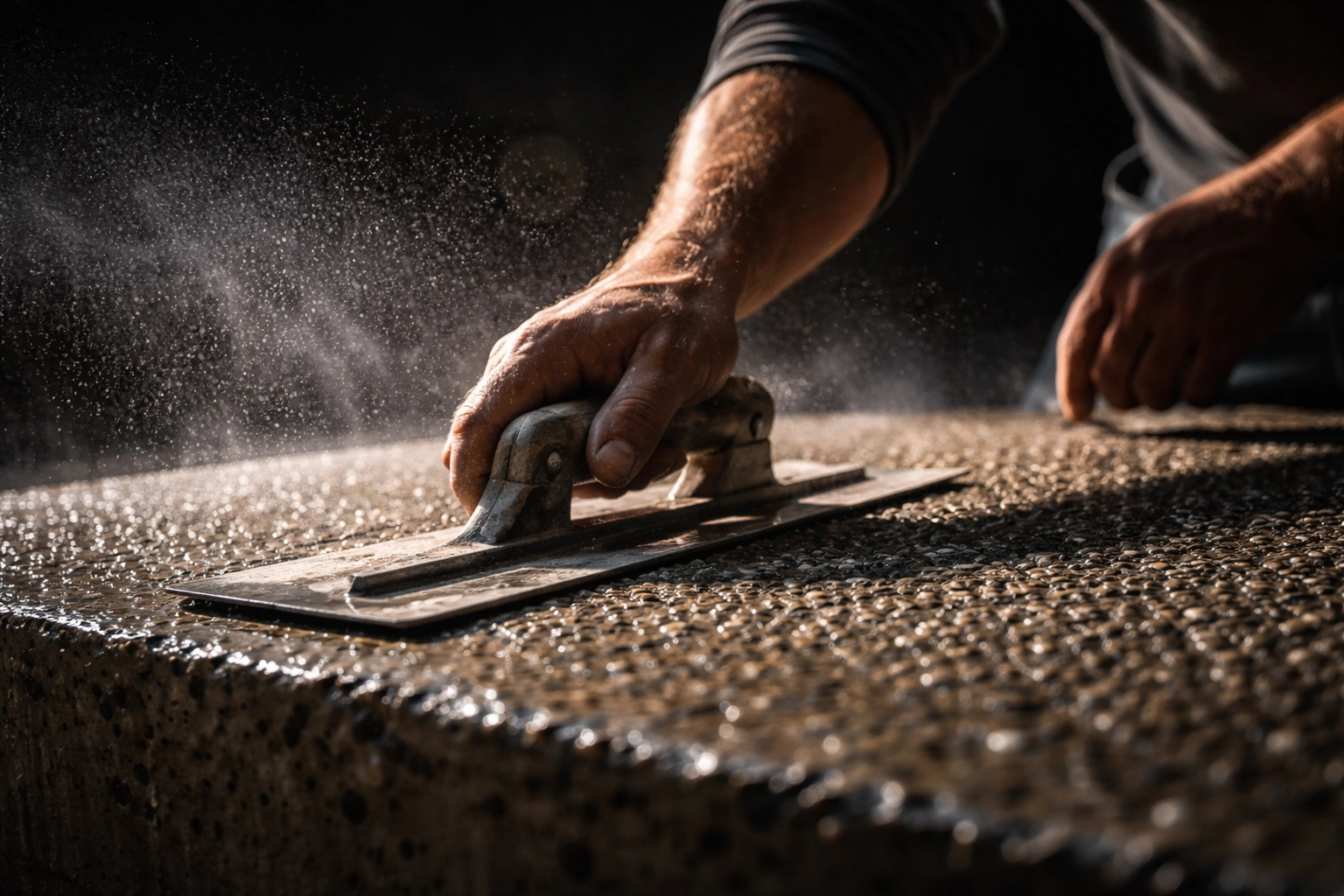 Close-up of concreter smoothing exposed aggregate concrete, showcasing Brisbane craftsmanship