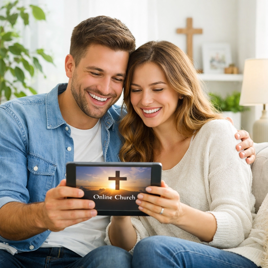 A happy family participating in online worship through a tablet in their bright, modern living room.