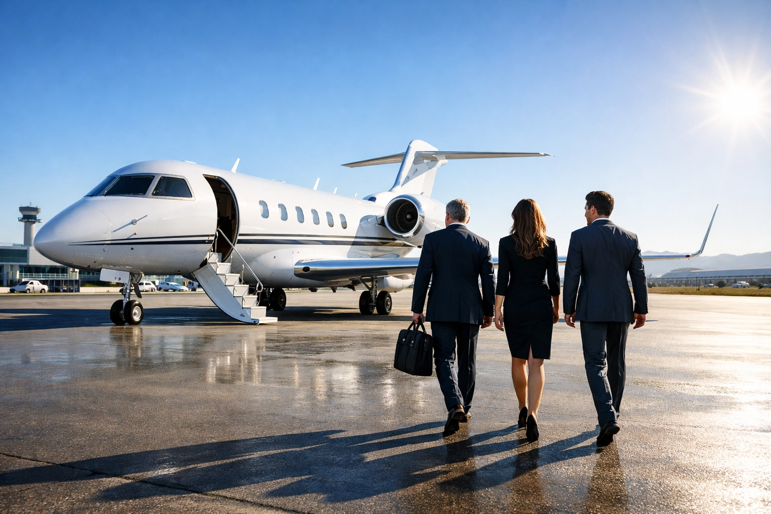 Executives boarding a private jet for Super Bowl corporate travel at a private terminal.