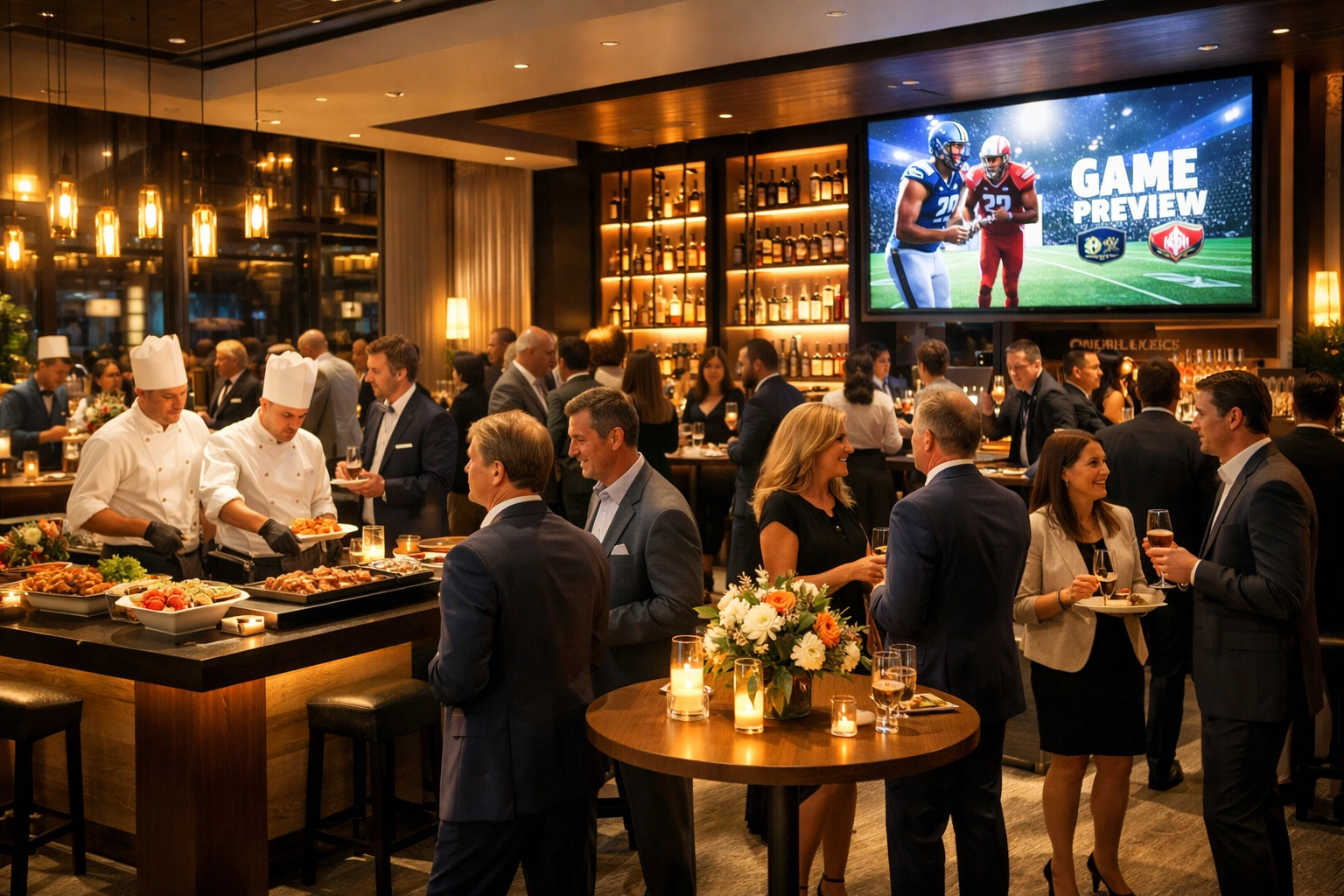 The Executive's Guide to Super Bowl Corporate Hospitality: 7 VIP Logistics Secrets That Maximize Brand Impact Corporate professionals networking at exclusive Super Bowl pre-game hospitality lounge
