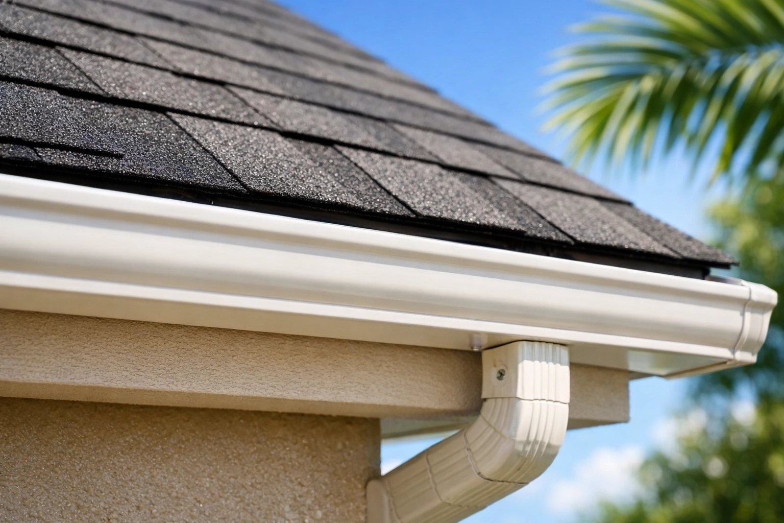 A professional close-up photograph of a clean residential Florida roof edge and gutter system after soft washing and gutter cleaning. The focus is sharp on immaculate shingles, intact granules, spotless white or tan gutters, and a clean fascia board. Background includes a blue sky and palm frond slightly blurred. Morning sunlight creates bright highlights and emphasizes the pristine, well-maintained appearance. Shallow depth of field and vibrant, true-to-life colors make roof and gutter system look fresh and functional.