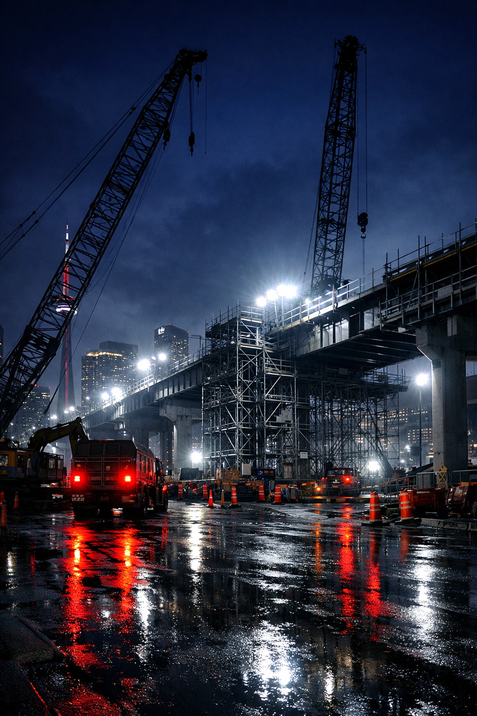 Construction cranes at a Canadian urban transit site at night, part of the $21 billion project backlog.