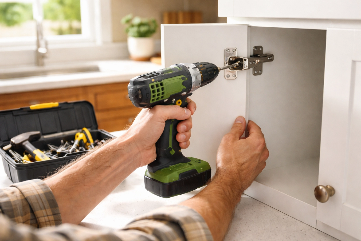 Homeowner making minor kitchen repairs to prepare for a fast home sale in Georgia
