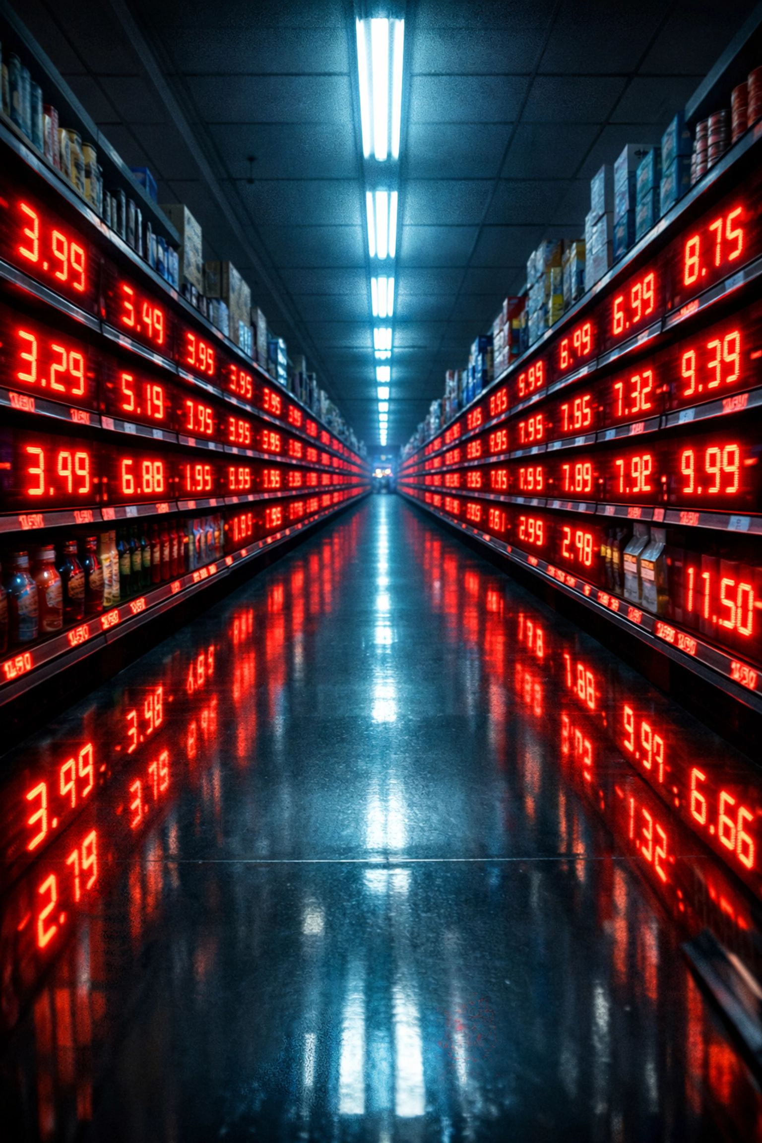 Grocery store aisle with rising digital prices reflecting the high cost of living and devalued dollar.