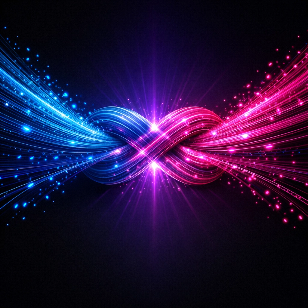 Intertwining neon streams showing the fusion of AI technology and human strategy for marketing results.