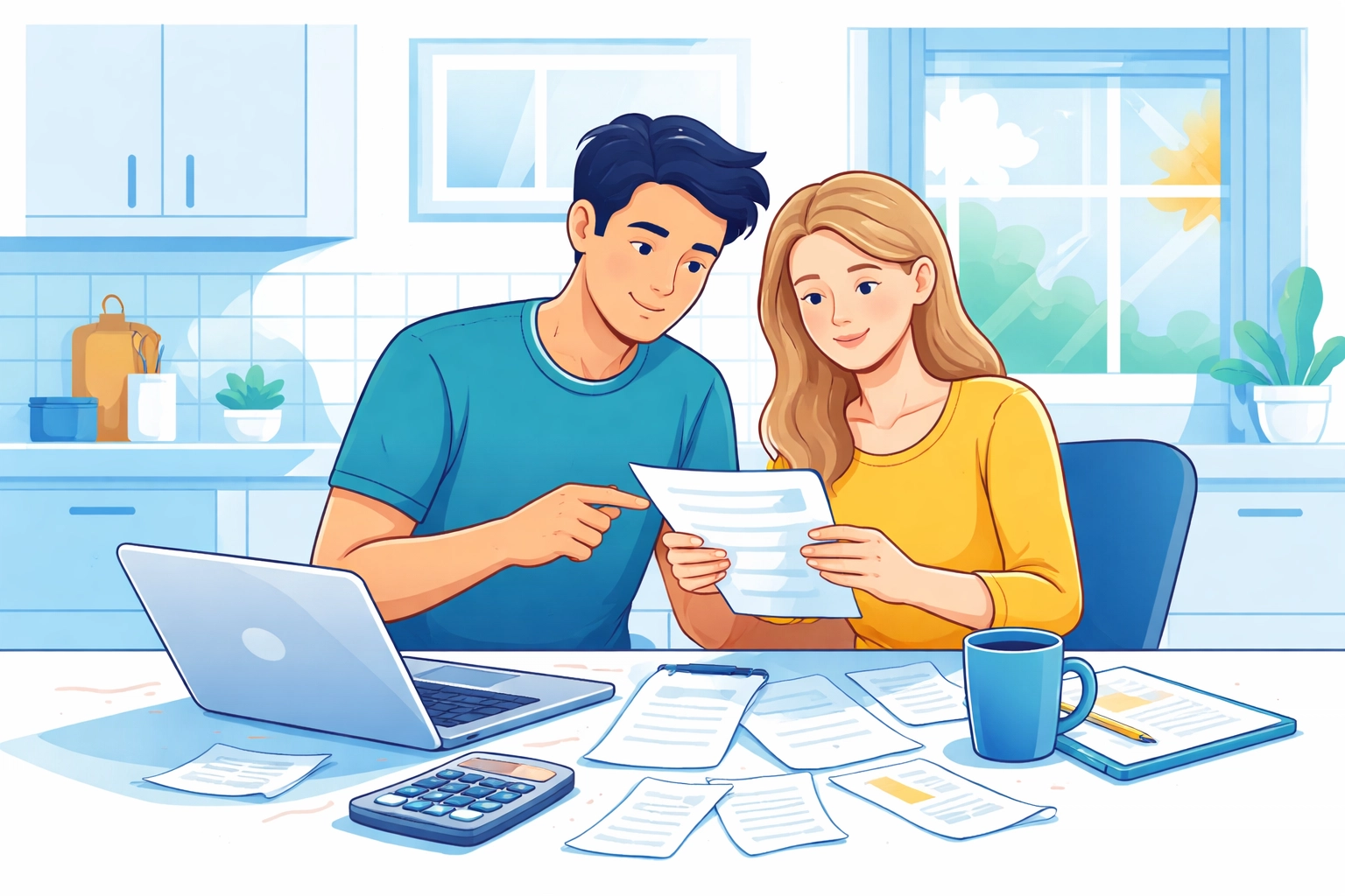 Young couple at a kitchen table reviewing finances together, illustrating money management for families