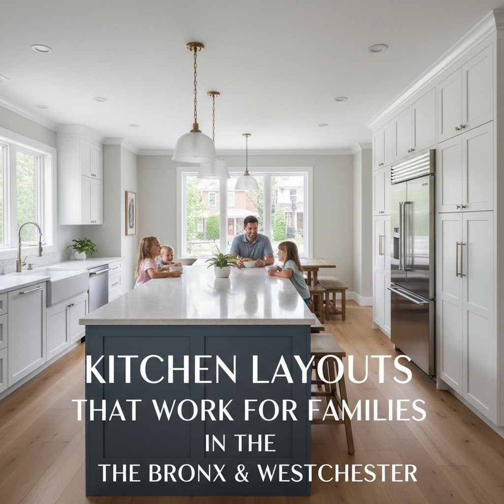 Family sitting at kitchen island in a modern kitchen