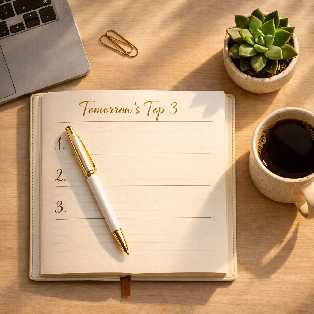 Organized travel agent planner showing daily top 3 priorities for productivity