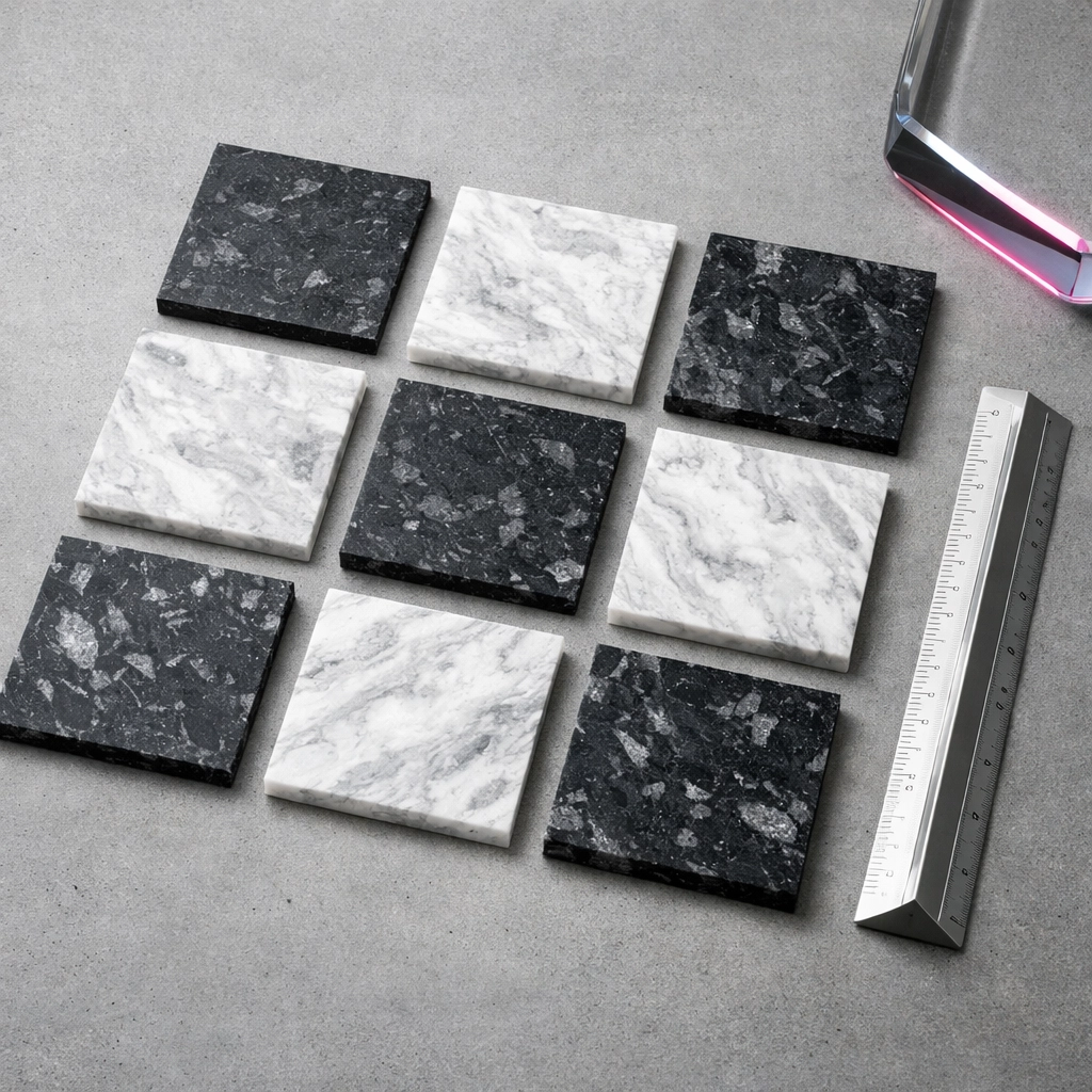 Marbled recycled plastic swatches with an architectural ruler for sustainable material selection in 2026.