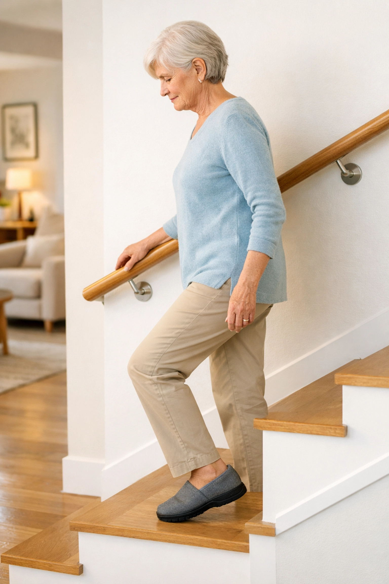 Senior woman safely walking down stairs using the handrail and non-slip footwear.