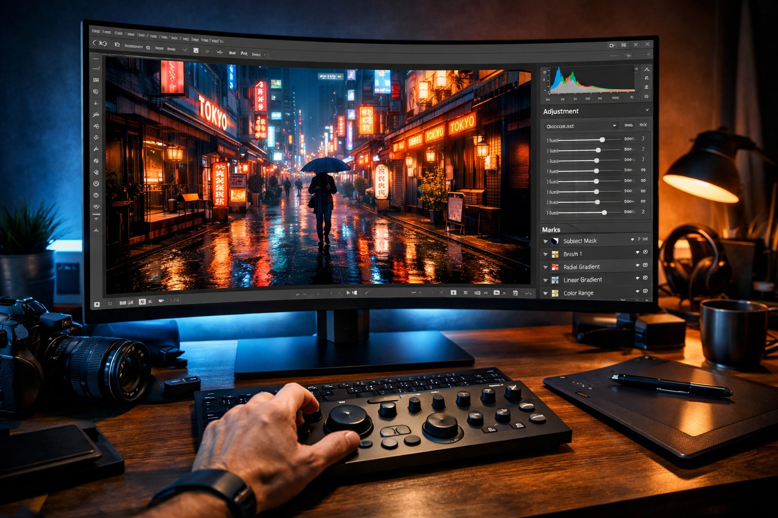 Professional photographer using AI photo editing software at a high-tech desk to process a vibrant city street photo.