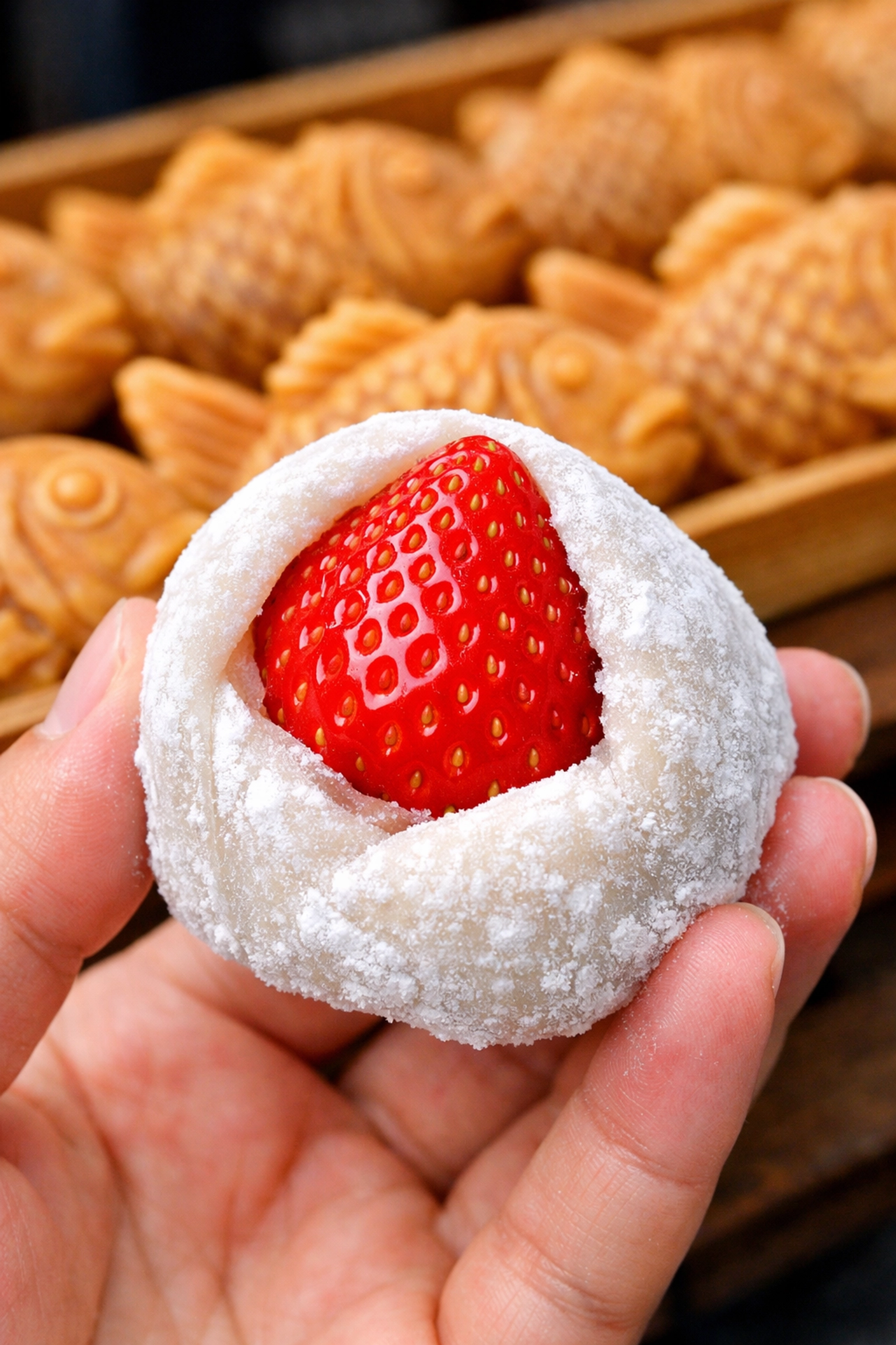 A fresh strawberry daifuku mochi held at Tsukiji Outer Market, a must-try Japanese street food dessert.