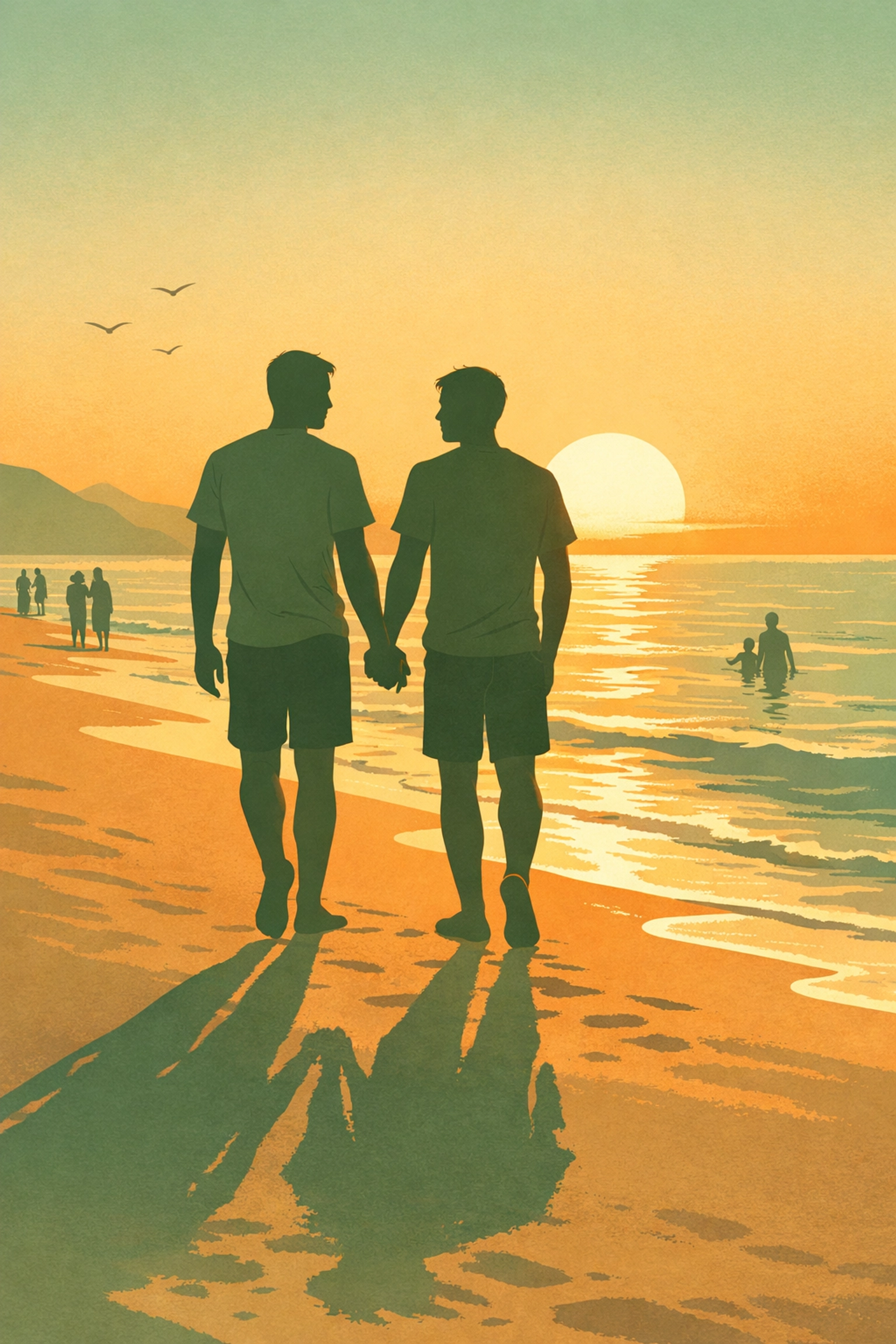 MM couple walking hand-in-hand at sunset on Ibiza's famous gay beach Es Cavallet