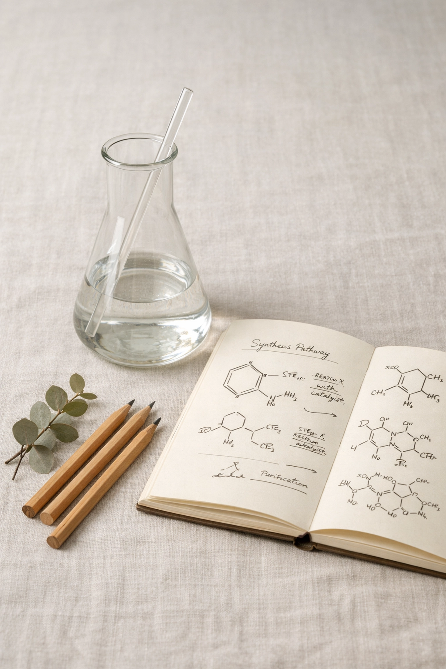Conical flask and a journal with chemical structures, showing the scientific aptitude built by an A Level Chemistry Tutor.