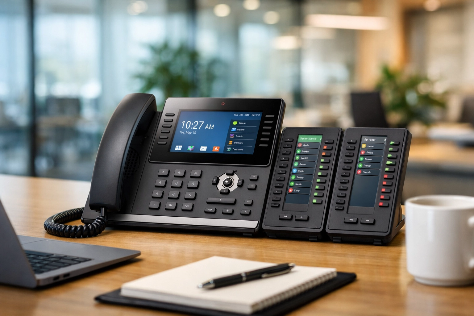 Modern corporate office desk with a professional IP phone ready for SIP trunking and business VoIP setup.