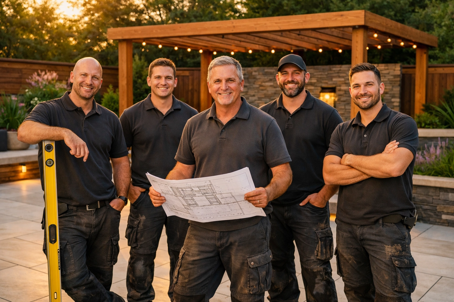 The JJPM construction team in a finished garden featuring a luxury porcelain patio and timber pergola.