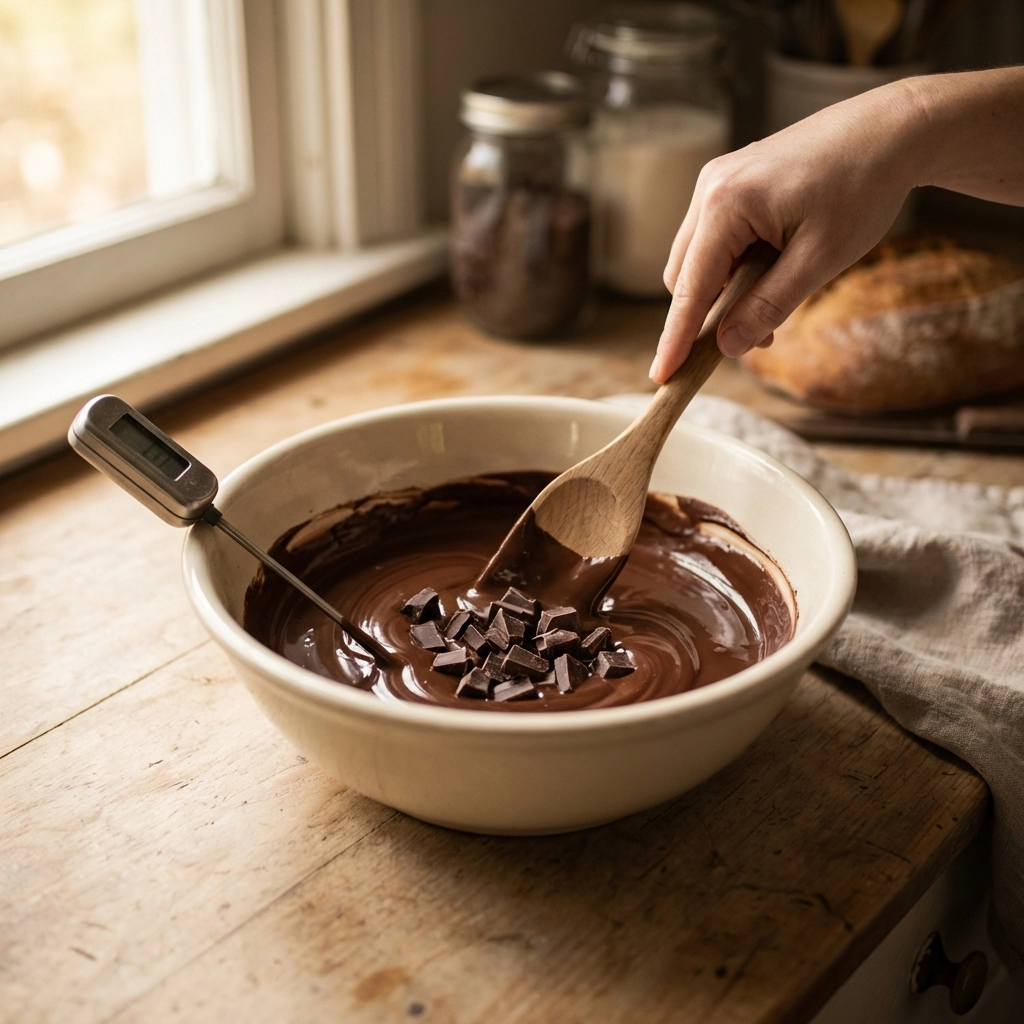 Seeding method for chocolate tempering with melted chocolate in a bowl being stirred by hand, perfect for home bakers