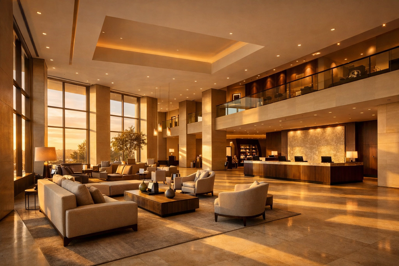 Elegant and minimalist modern hotel lobby interior showcasing high-end guest experience design.