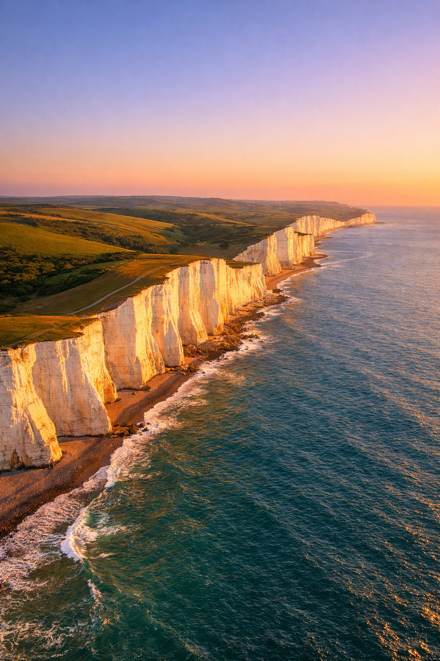 Scenic Seven Sisters white cliffs in East Sussex at sunset, a peaceful UK spot for a cremation ashes scattering ceremony.
