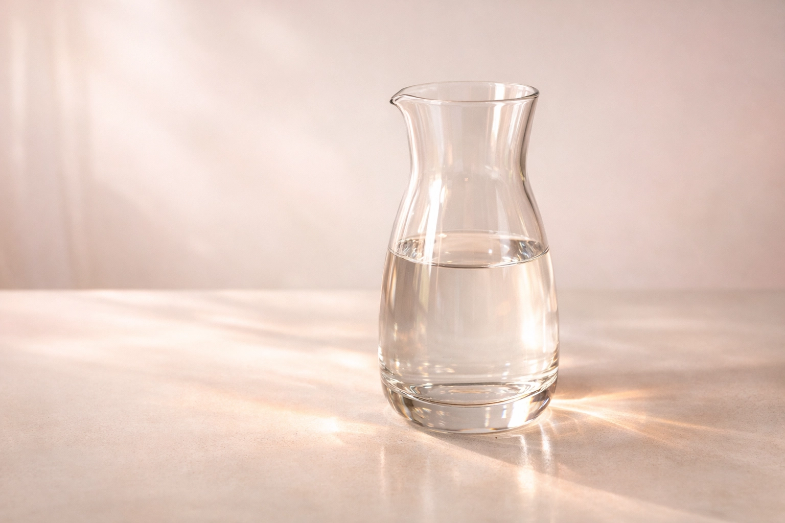 Clear glass water vessel reflecting light, representing a transparent and regulated channel for spiritual communication.