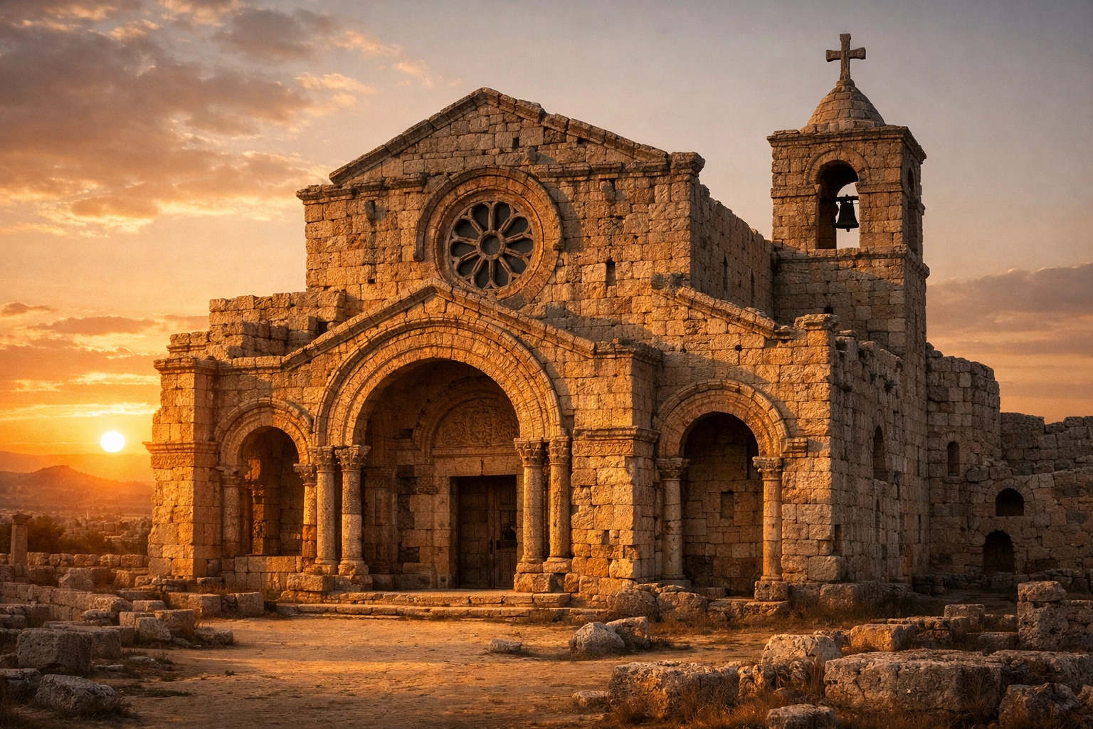 Ancient stone church facade in Syria during sunset, symbolizing the endurance of the local faith community.