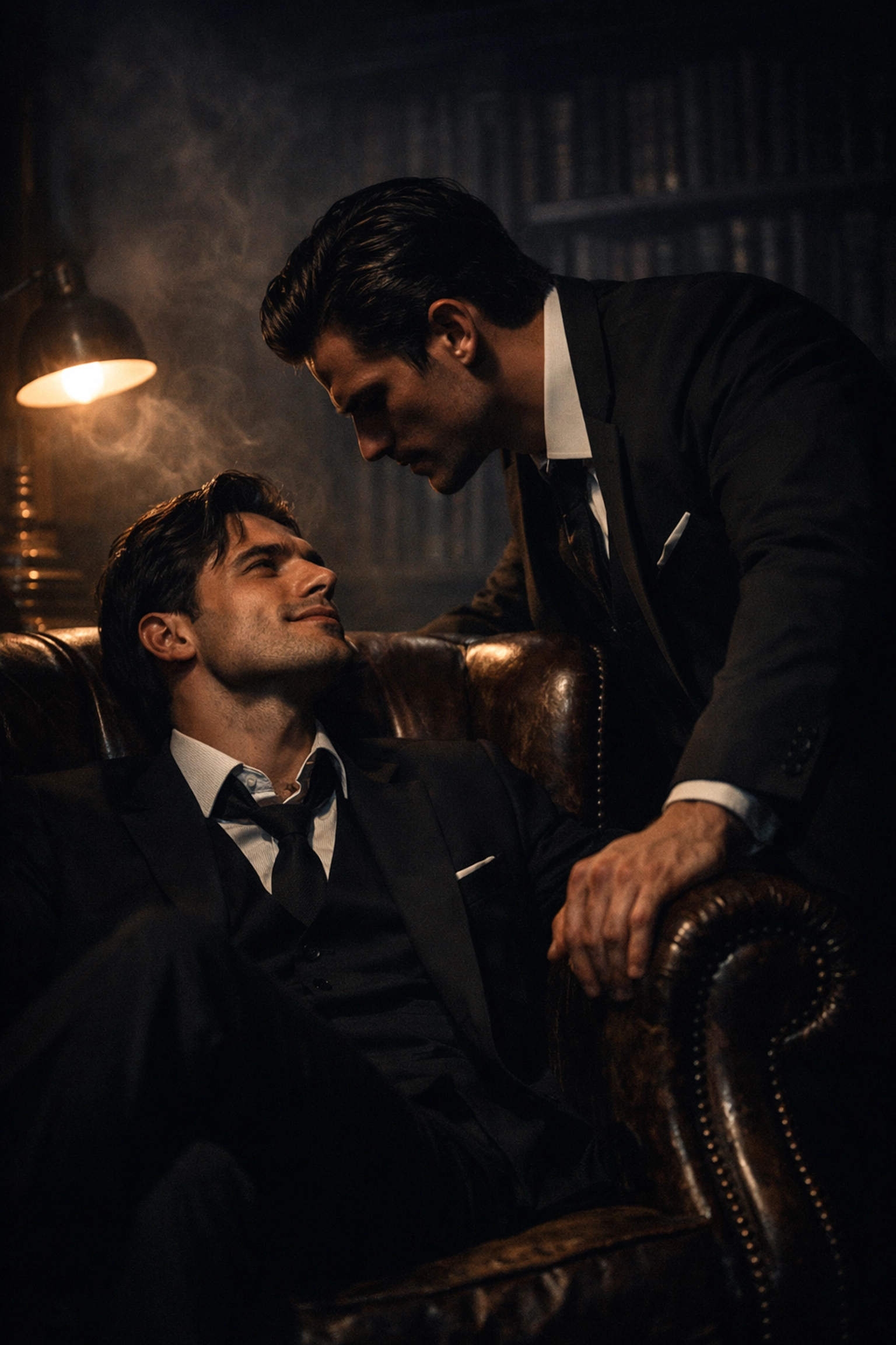 Dark mafia MM romance aesthetic with two rivals in suits in a library, showing dangerous proximity.