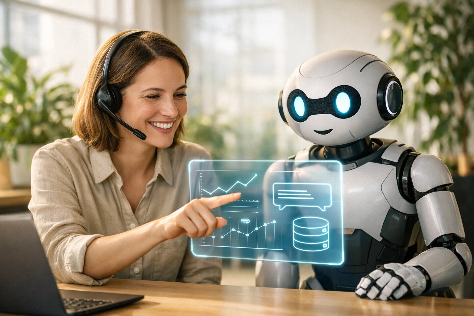 A customer support agent training an AI bot at a desk, illustrating human-in-the-loop AI helpdesk coaching.