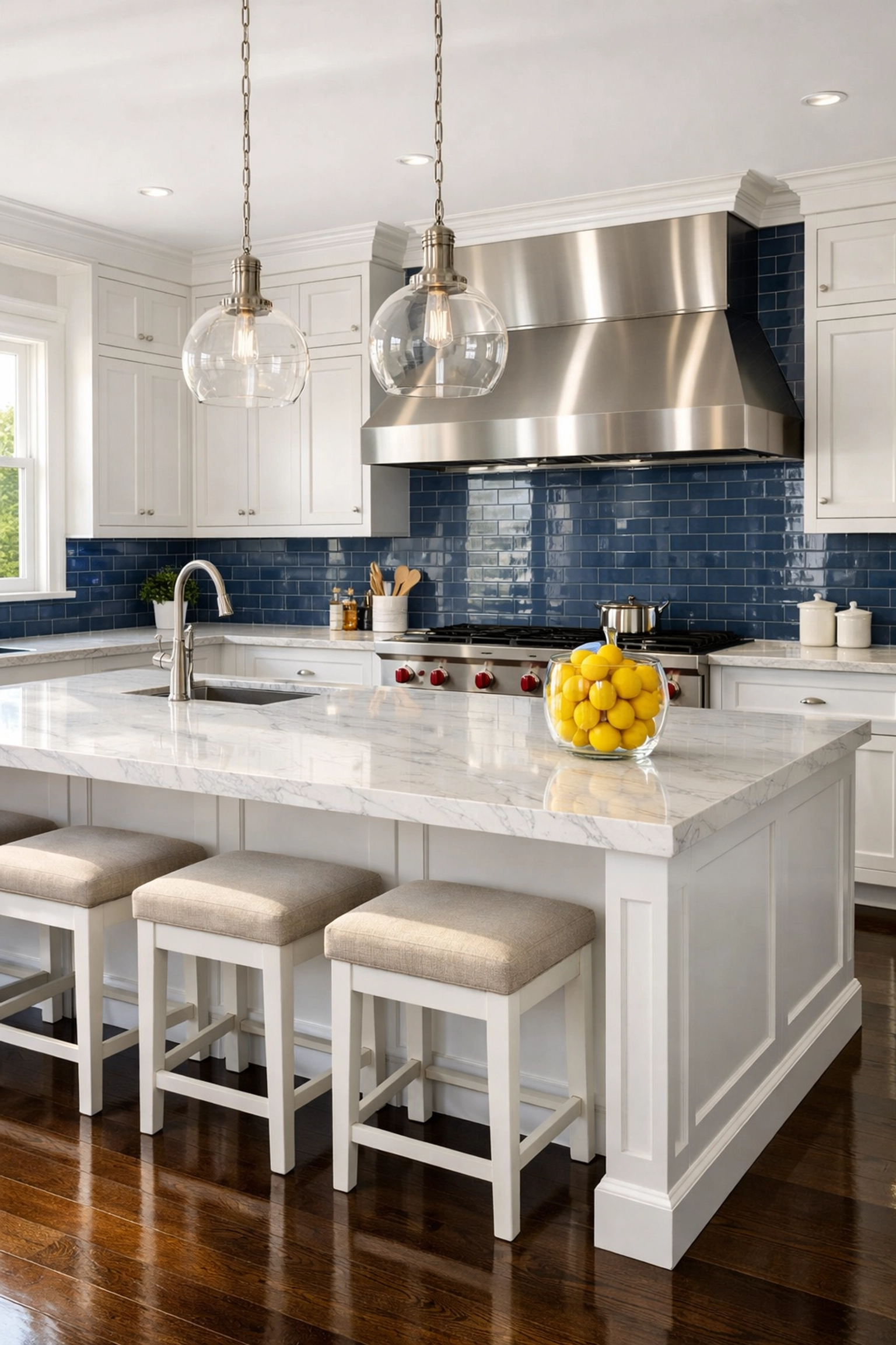 Spotless luxury kitchen with marble island following professional deep cleaning in Wellesley MA.