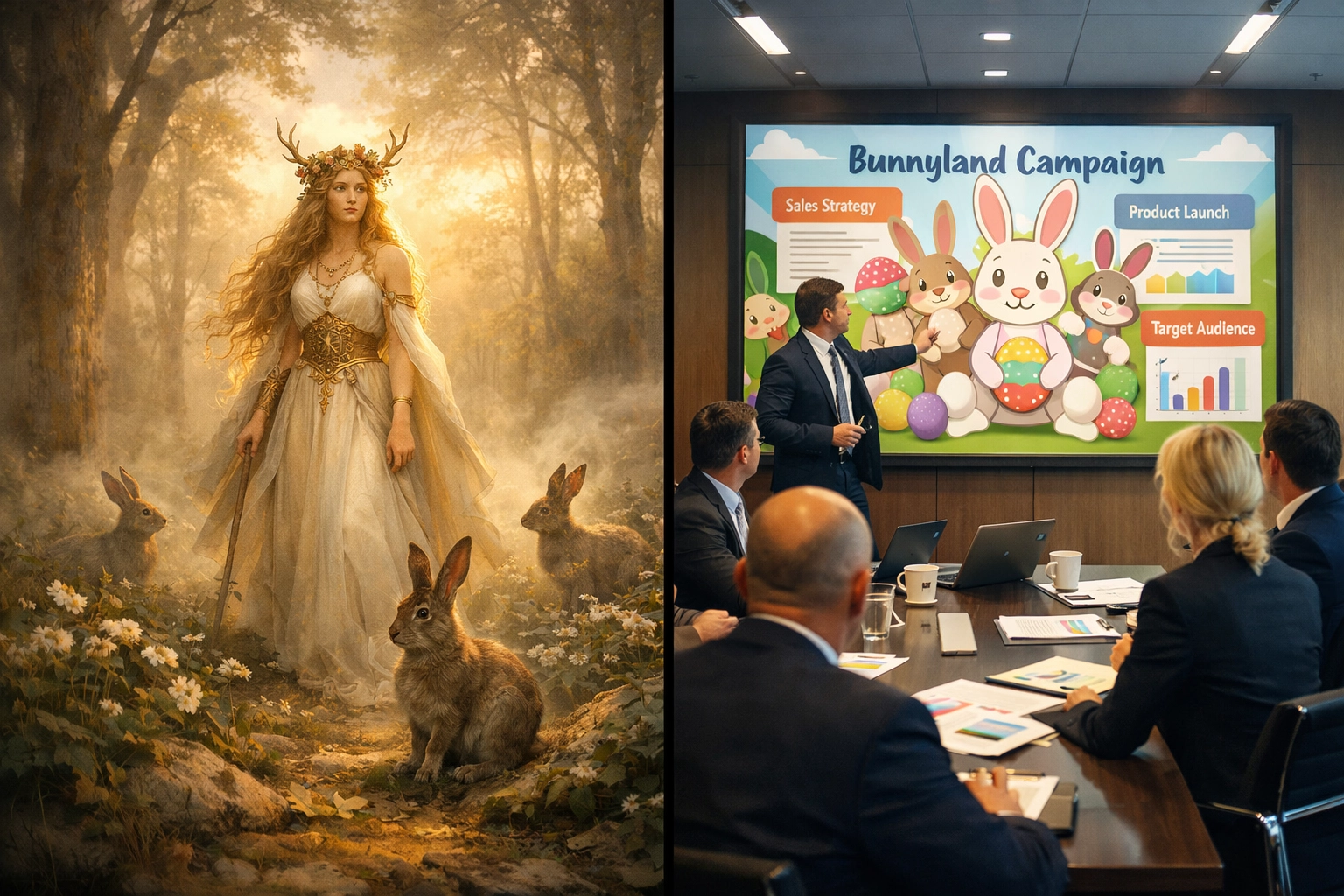 Split-screen showing goddess Eostre and corporate executives planning commercial Easter marketing.