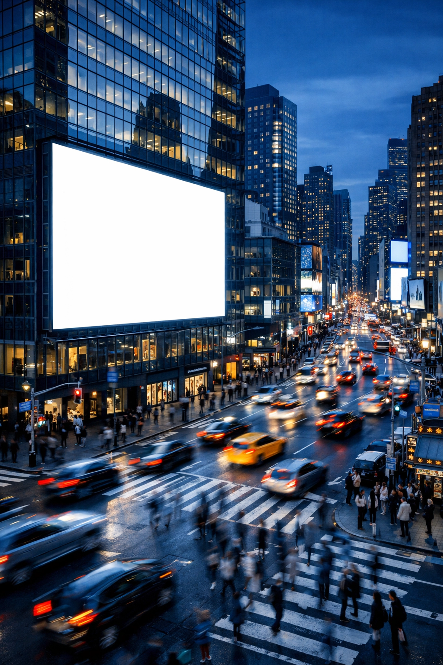 Digital billboard on an urban skyscraper at dusk targeting commuters in a major metropolitan area.