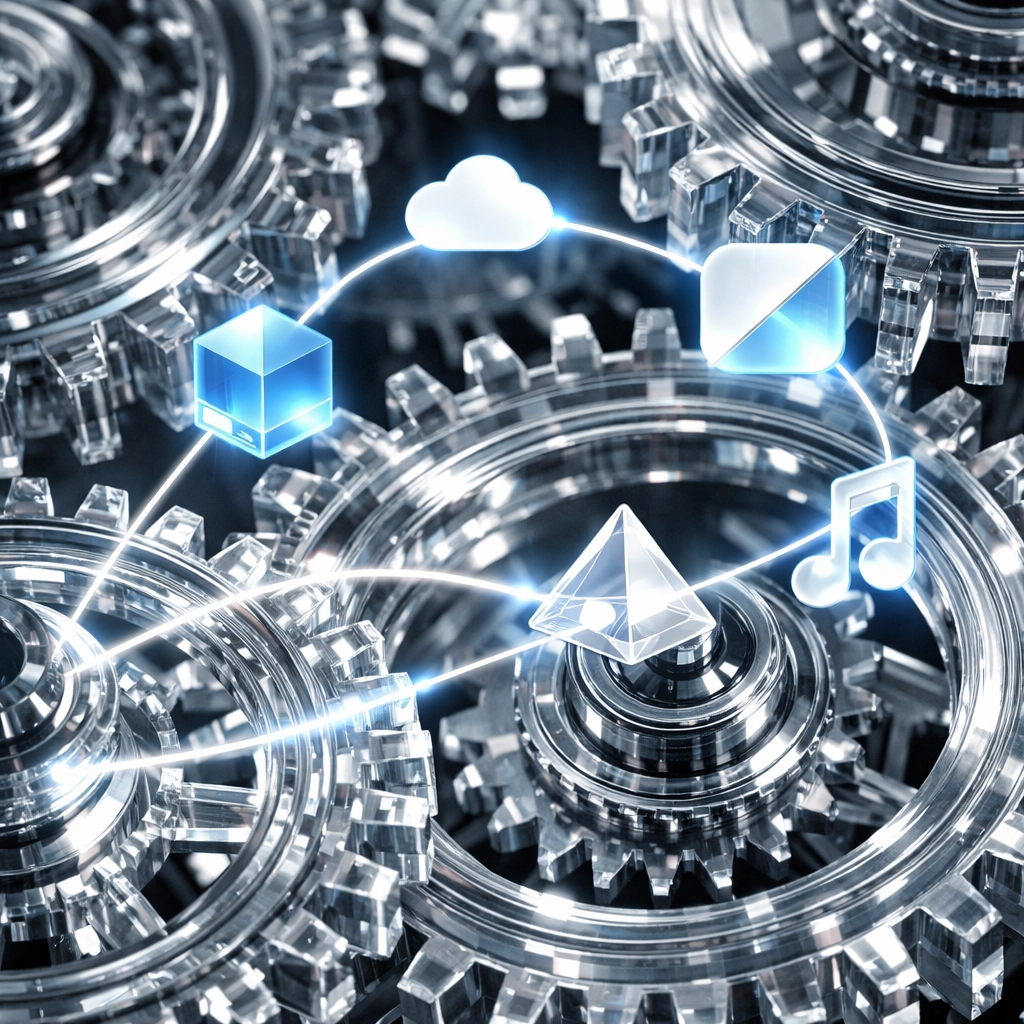 Interlocking gears and light threads symbolizing automated digital marketing workflows and content distribution.