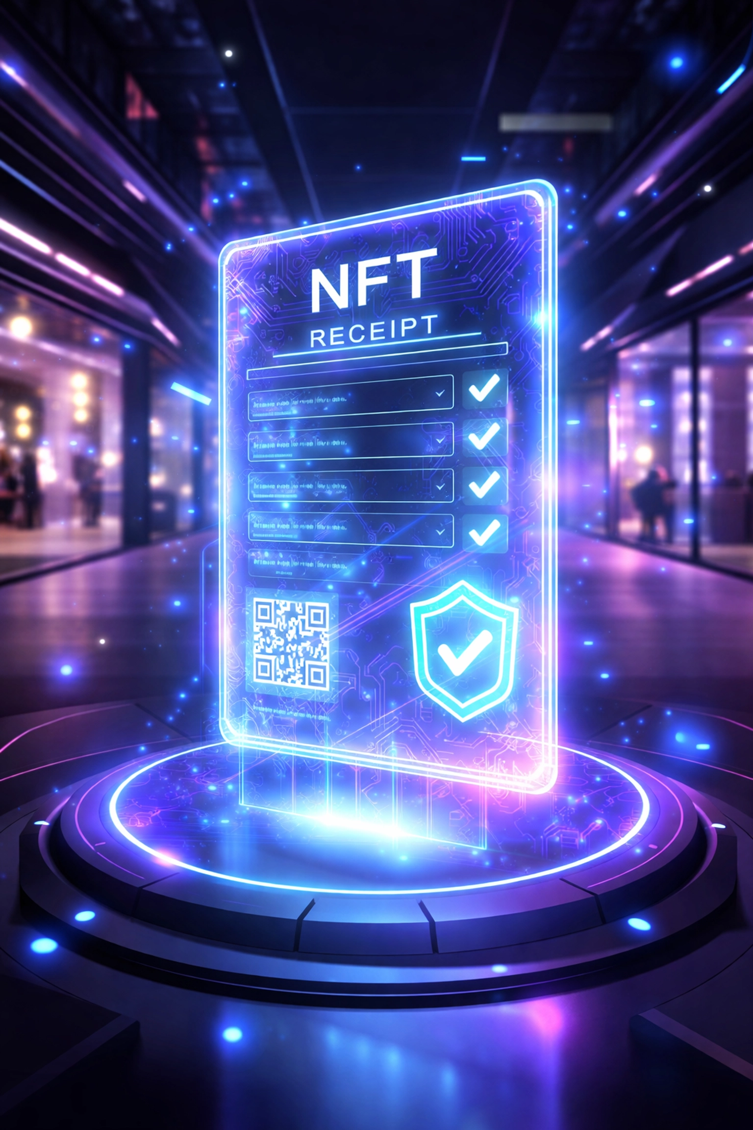 A glowing NFT receipt displayed in a sleek virtual metaverse environment, highlighting secure crypto payments and immutable purchase history.