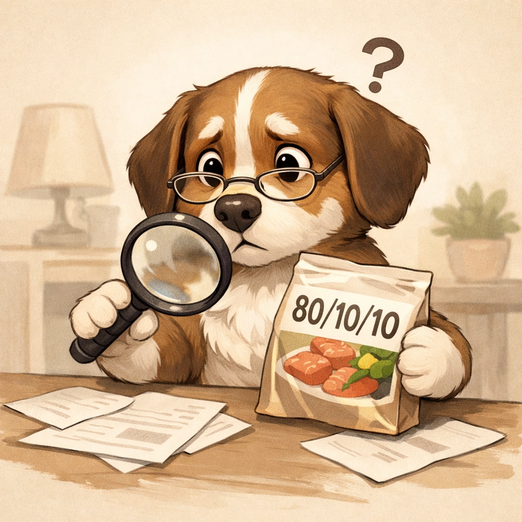 Dog reading raw dog food label showing 80/10/10 ratio to understand nutrition information