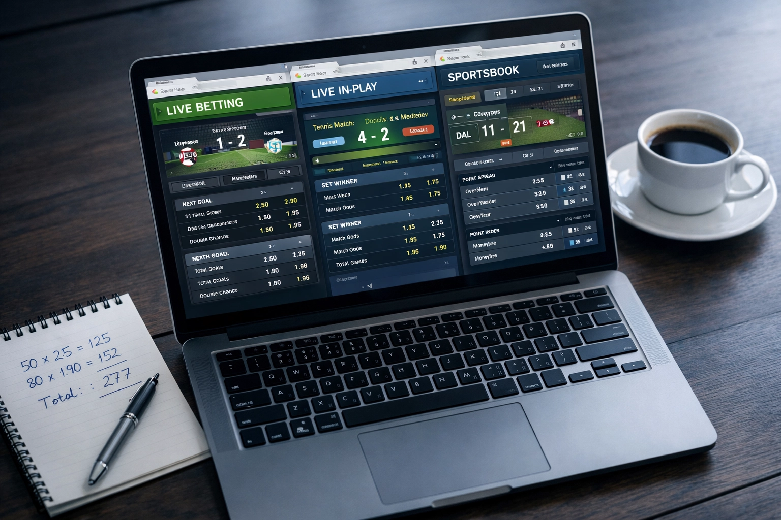 Laptop mit Sportwetten-Quoten und Statistiken für professionelle Wettanalyse