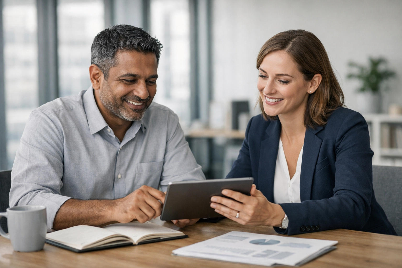 A business owner and financial advisor discuss CSBFL loan requirements in a professional office setting.